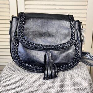 Black Vegan Saddle Bag Crossbody Purse Handbag with Braided Trim Tassel Accent